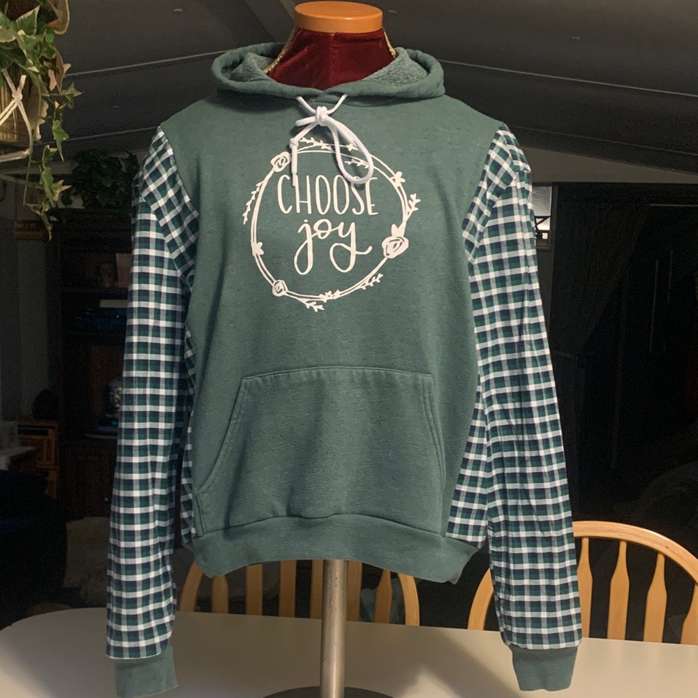 Upcycled Green 'Choose Joy' Hooded Sweatshirt with Plaid Sleeves.